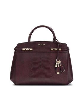 代购GUESS女士手提包双提手钥匙挂饰翻盖设计结构款深紫色鳄鱼纹