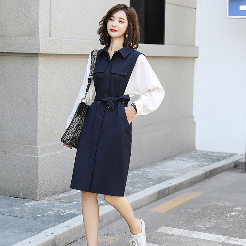 国内代购2020年新款春夏女假两件套雪纺连衣裙长袖衬衫裙子