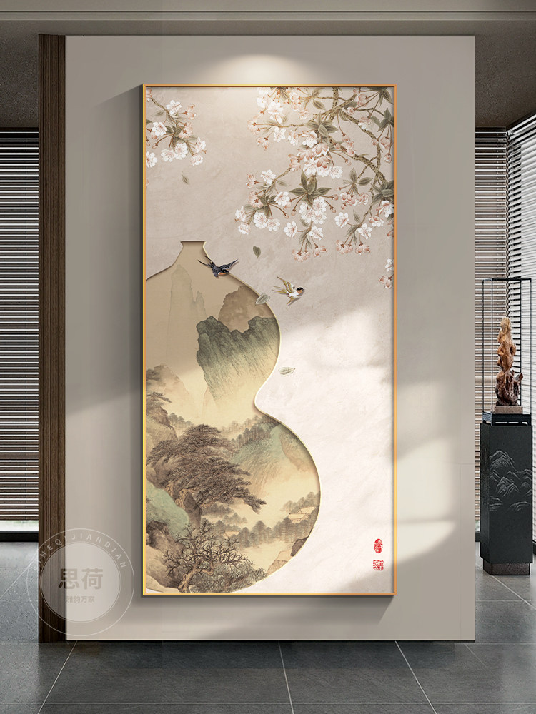 新中国风花鸟景观入口装饰画,高端门到门入口走廊背景墙挂画花瓶