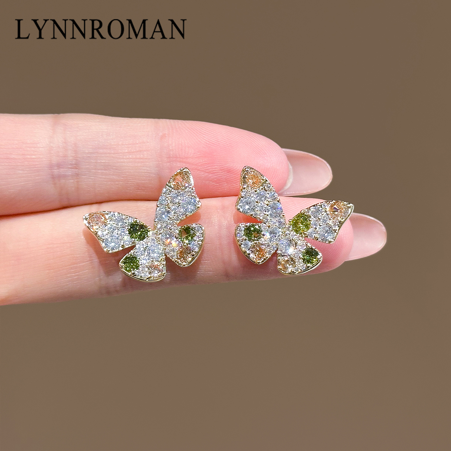 水晶蝴蝶耳钉女满钻耳环轻奢