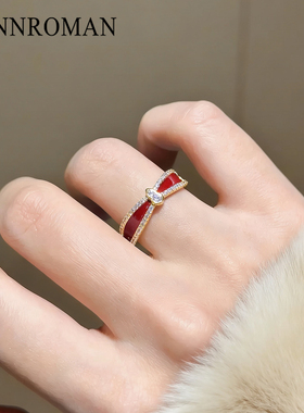 LYNNROMAN红色锆石戒指女时尚葫芦造型开口指环简约可调节食指戒
