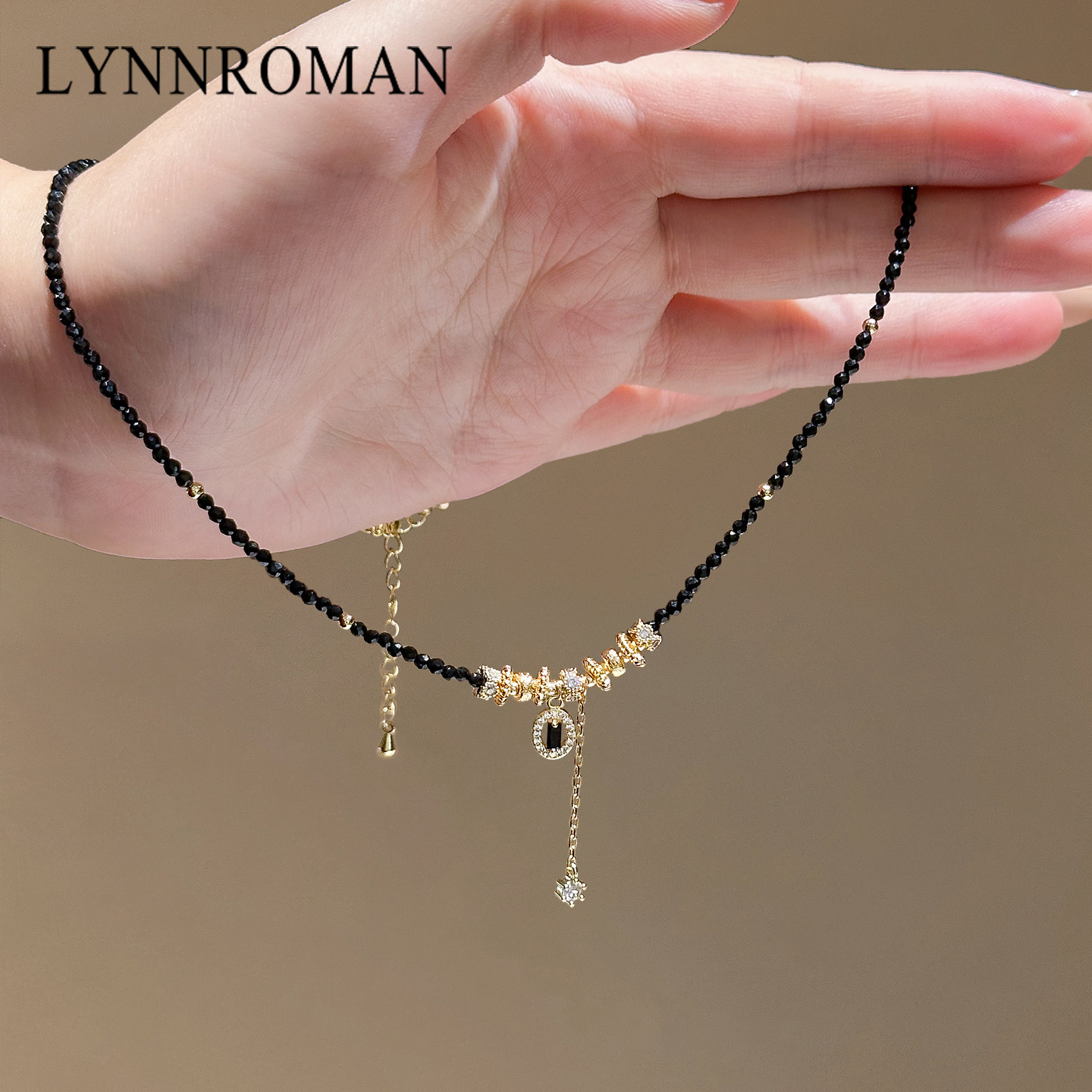 LYNNROMAN黑色水晶项链女设计感小众流苏吊坠锁骨链高级时尚颈链
