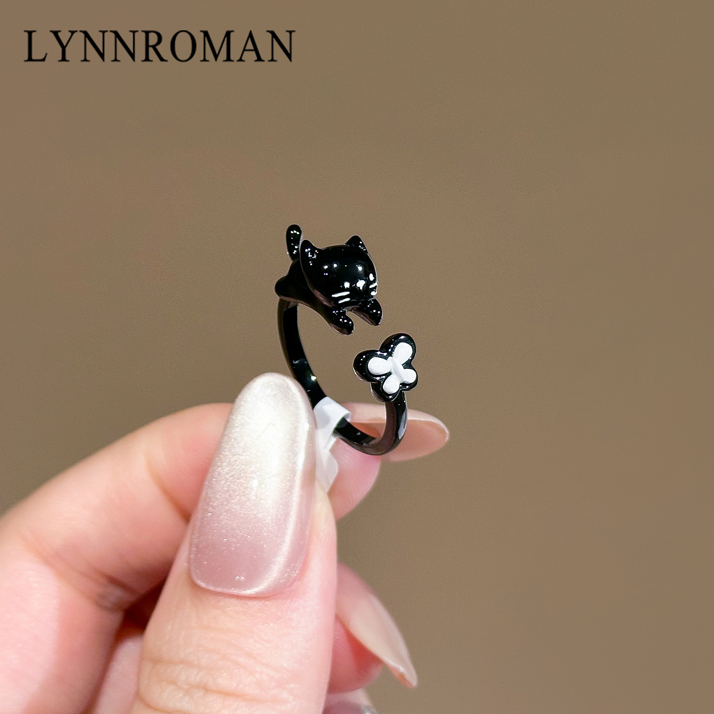 黑色蝴蝶可爱小猫创意戒指