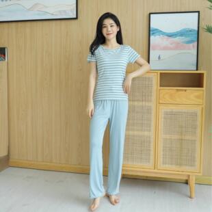 宽松半袖 条纹女带胸垫短袖 t免文胸荷叶边长裤 睡衣套装 家居服 bra