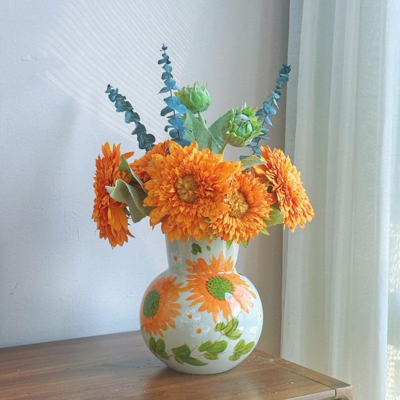 现代简约手绘陶瓷花瓶向日葵干花鲜花插花轻奢装饰品餐桌客厅摆件