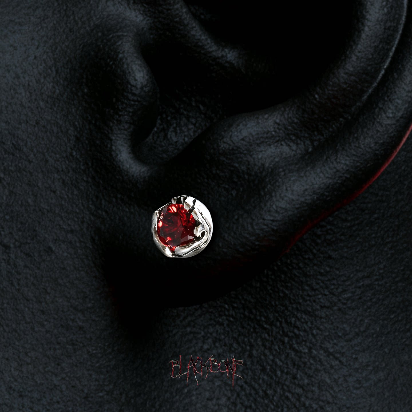 黑骨BLACKBONE S925纯银做旧巴黑红锆石简约嘻哈耳钉耳环小众暗黑