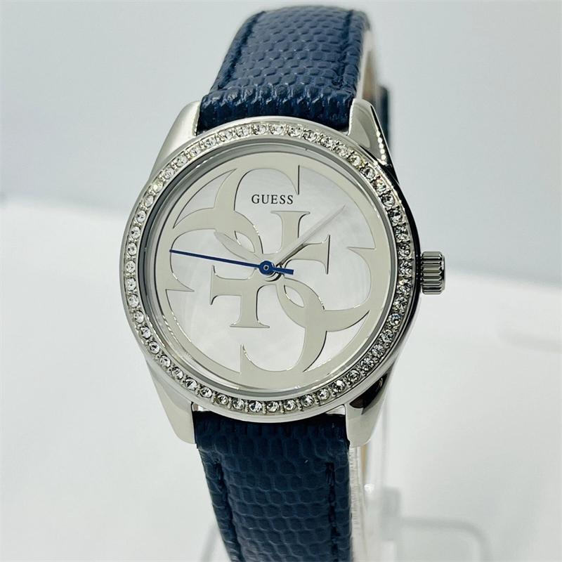 代购GUESS 女表 G-Twist水晶银色钢制28毫米蓝色皮革手表 W1212L