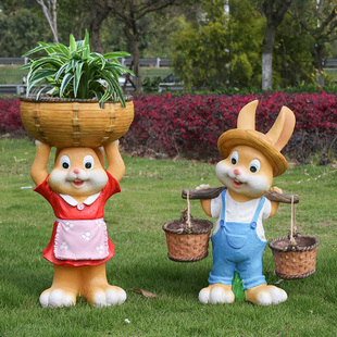 饰庭院摆件卡通树脂兔子花缸园艺种植动物花盆布景摆设 户外花园装
