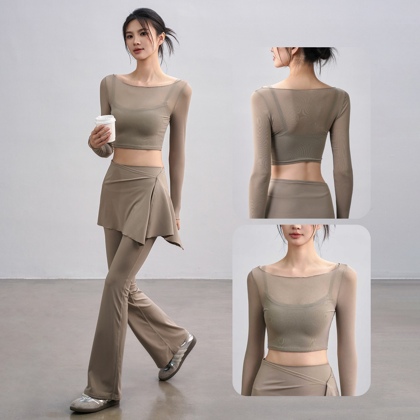 瑜伽服套装女秋季带胸垫运动上衣假两件网纱长袖普拉提训练健身服