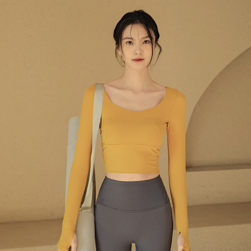 带胸垫瑜伽服秋冬显瘦长袖运动上衣女专业跑步普拉提训练健身衣服