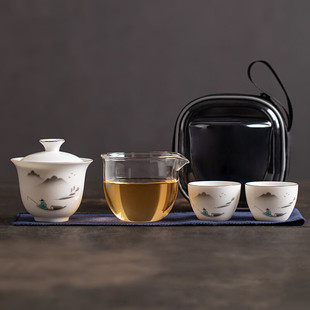 金镶玉高端便携式旅行茶具套装白瓷快客杯一壶二杯陶瓷户外功夫茶