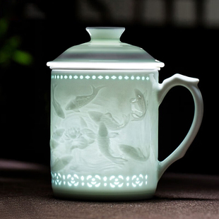 金镶玉茶具黄守良玲珑影青三件杯家用茶杯会议办公高档茶水分离杯