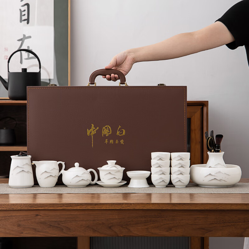 金镶玉羊脂玉瓷盖碗功夫茶具套装送长辈领导老师乔迁新居商用礼品
