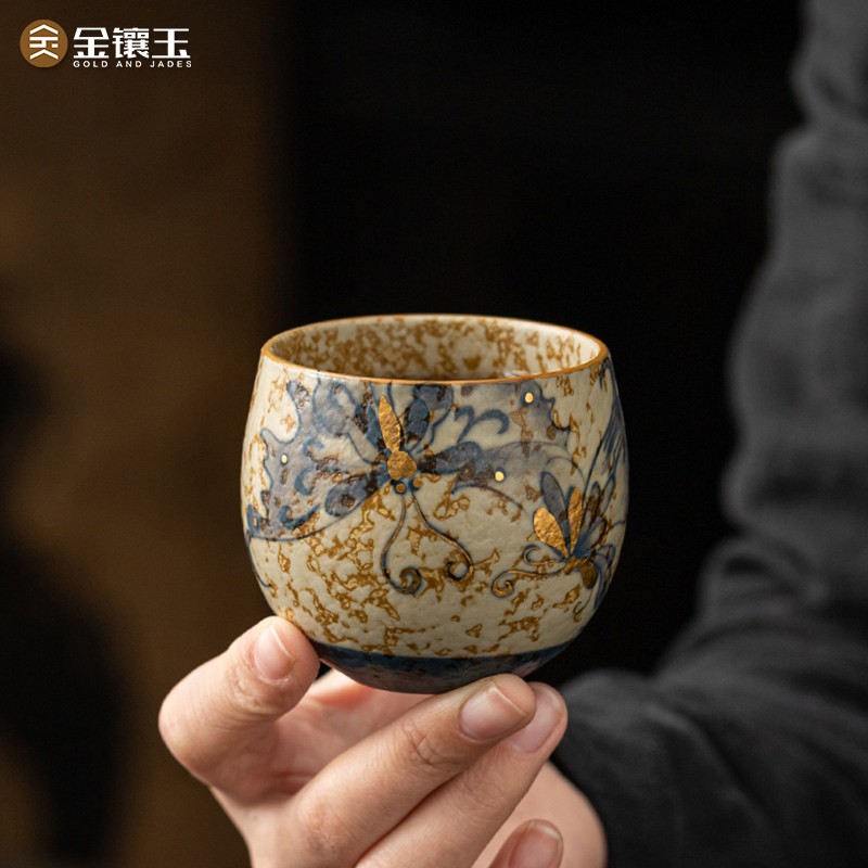 金镶玉青花火石红茶杯主人杯手绘陶瓷个人用单杯品茗杯高档伴手礼