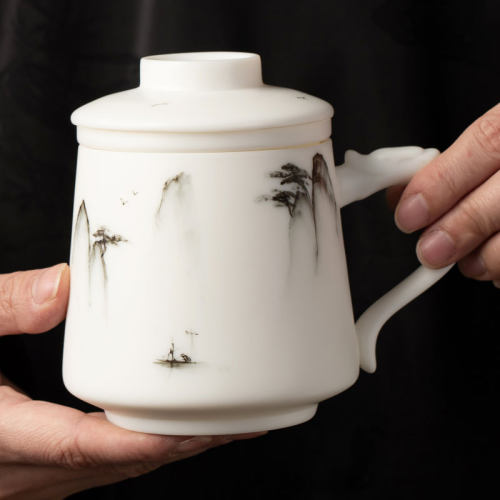 大容量手绘茶杯金镶玉白瓷高档