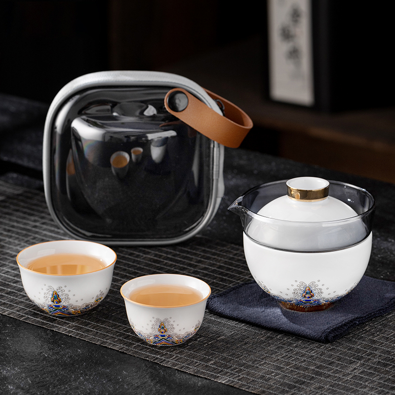 金镶玉旅行茶具套装羊脂玉白瓷盖碗功夫茶杯车载户外露营便携式
