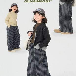 儿童裤子春秋款小个子女生休闲裤女孩宝宝格子长裤洋气百搭直筒裤