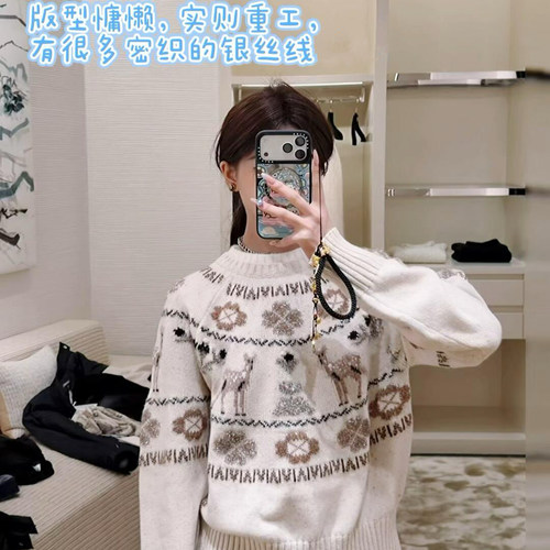 圣诞小鹿保暖圆领套头毛衣女