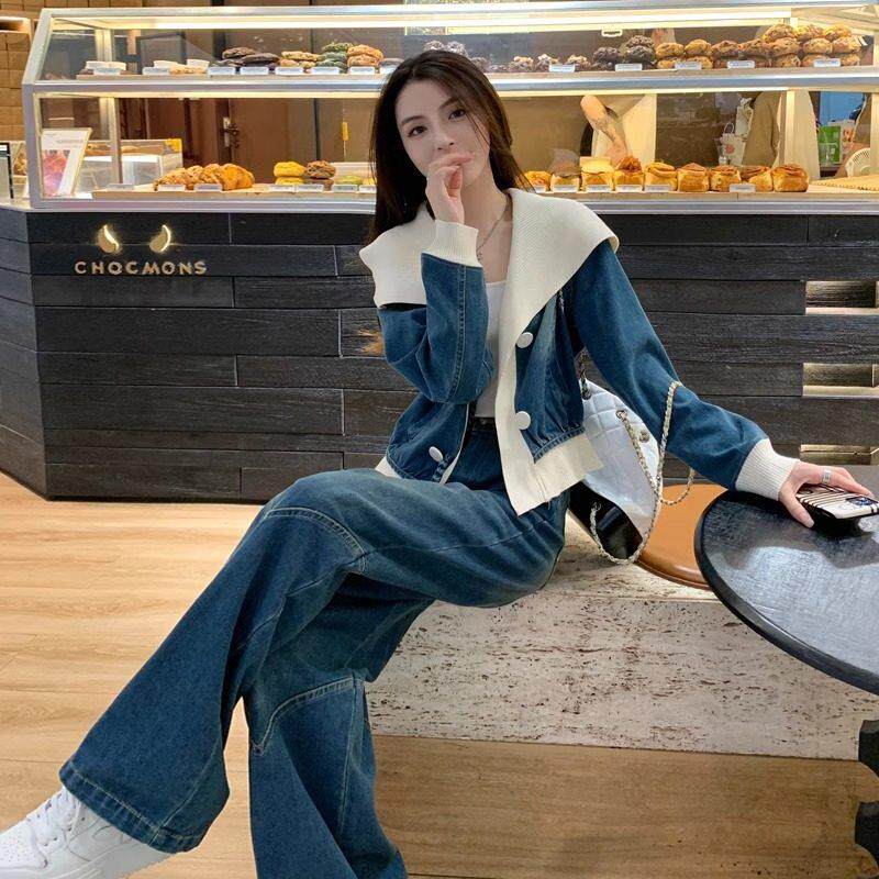 SUPDORX初秋穿搭高级感套装女洋气减龄牛仔外套阔腿裤两件套