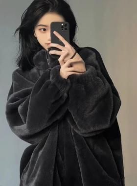 LILY MOST黑色獭兔毛外套女毛毛绒皮草外套短款宽松显瘦
