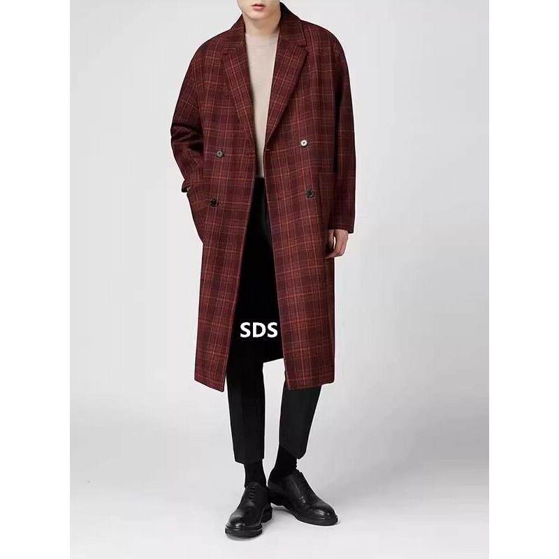 高级感双排扣羊绒大衣男冬季韩版潮流格子宽松落肩中长款毛呢外套