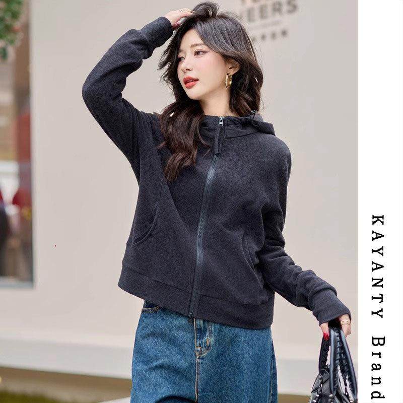 KAYANTY黑色连帽卫衣女2025春秋新款修身显瘦短外套长袖拉链上衣