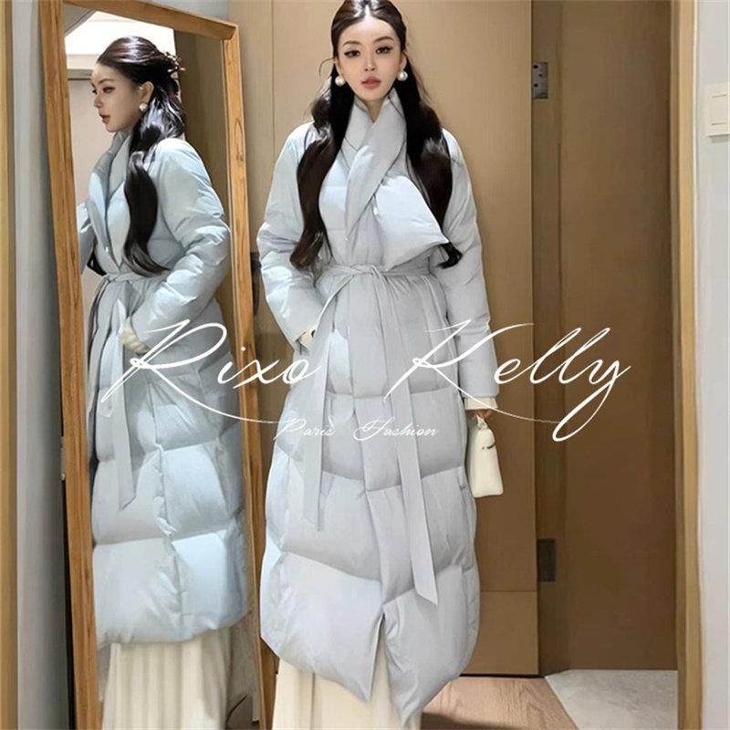 RIXO STREET法式设计感围巾领蓝色长款过膝系绳绑带保暖羽绒服,女装/女士精品,派克服,淘宝优惠券,粉丝福利购,淘宝优惠卷