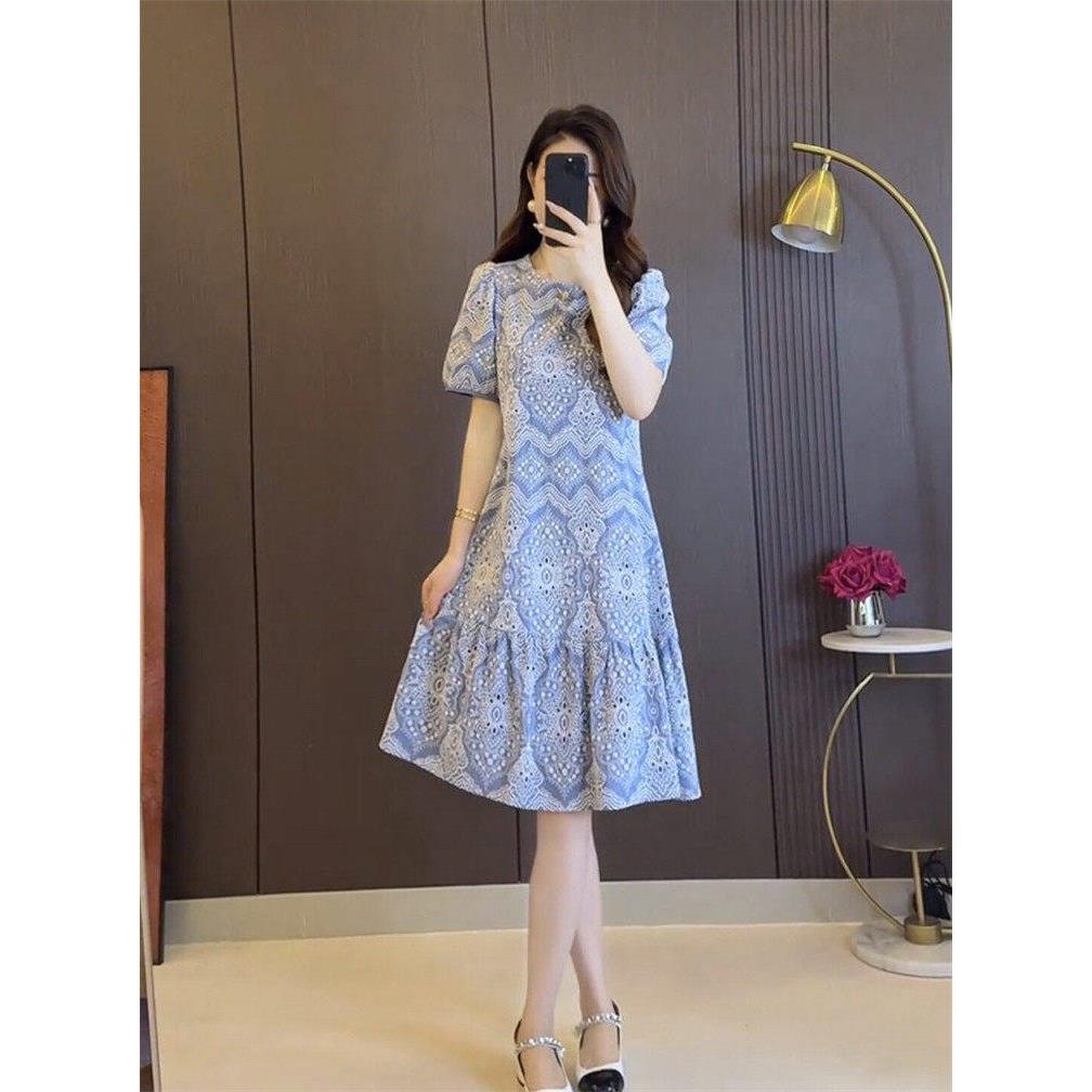 ROUJE LONDE小个子宽松连衣裙女胖mm显瘦高级感法式印花短袖裙子