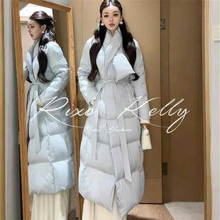 RIXO STREET法式设计感围巾领蓝色长款过膝系绳绑带保暖羽绒服