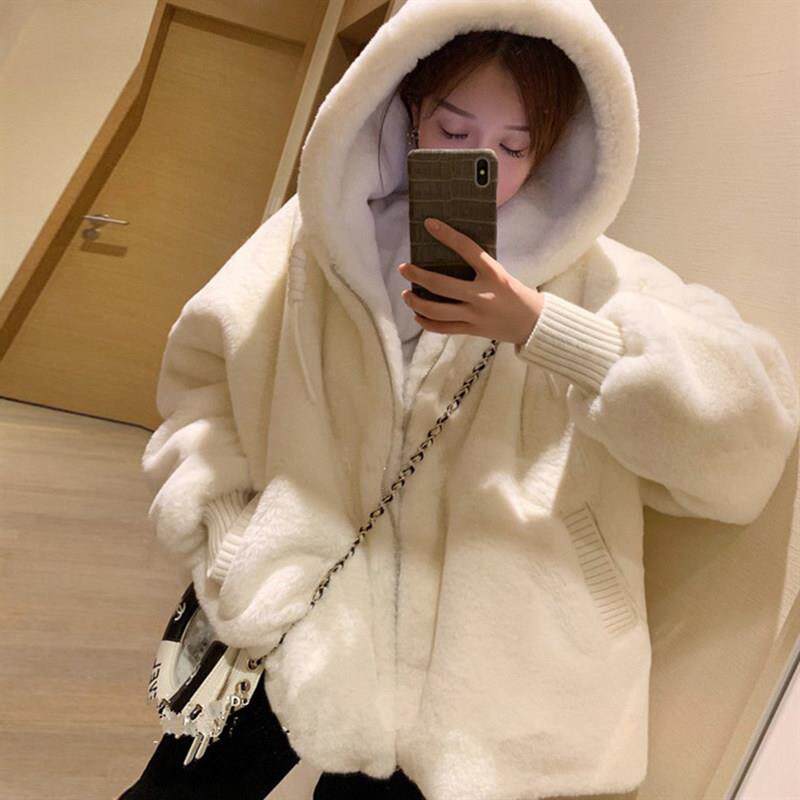 SPYB宽松连帽羊羔绒加绒加厚卫衣2025新款白色羊羔毛毛外套女冬季