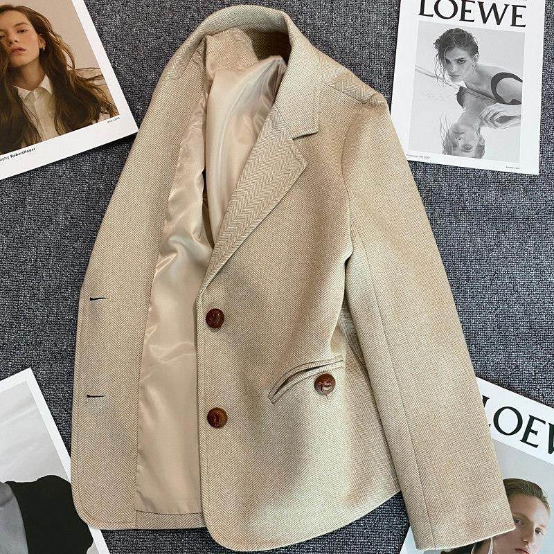 LILY MOST卡其色人字纹毛呢西装外套女新小个子炸街小西服