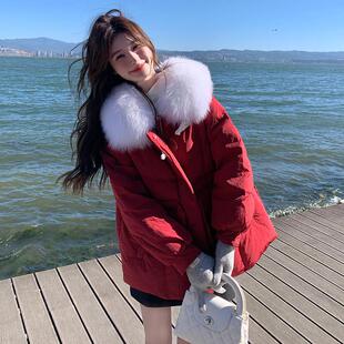 轻奢红色短款羽绒服女冬季2025新款小个子收腰显瘦时尚大毛领外套