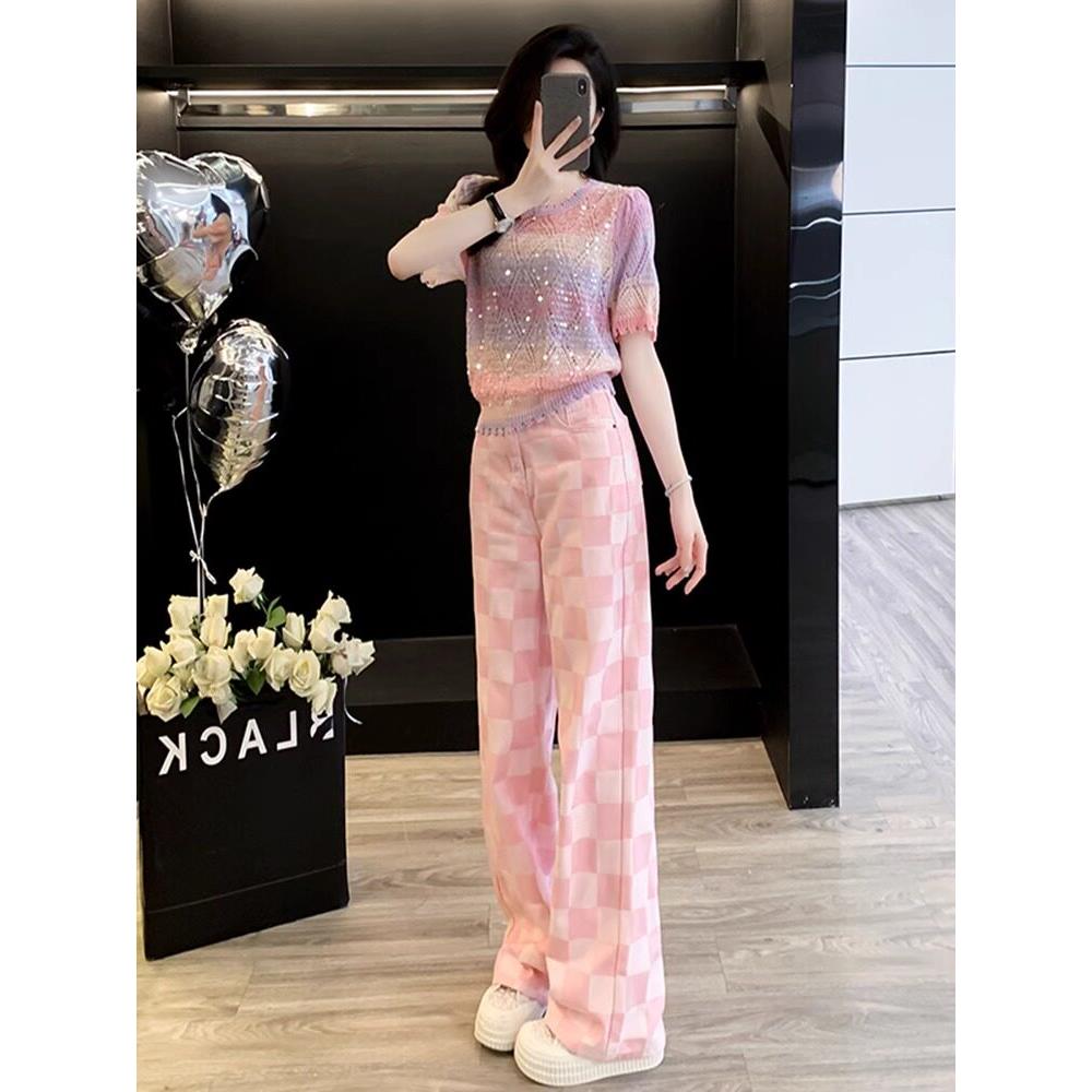 SUPDORX~粉色休闲运动套装女士夏季减龄短袖格子牛仔阔腿裤两件套
