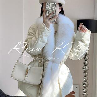 RIXO STREET法式仿狐狸毛大毛领整条皮草羽绒服时尚系绳收腰外套