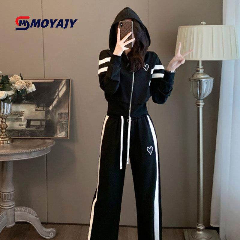 MOYAJY品牌2025新款运动套装女秋季黑色网红条纹长袖休闲两件套潮