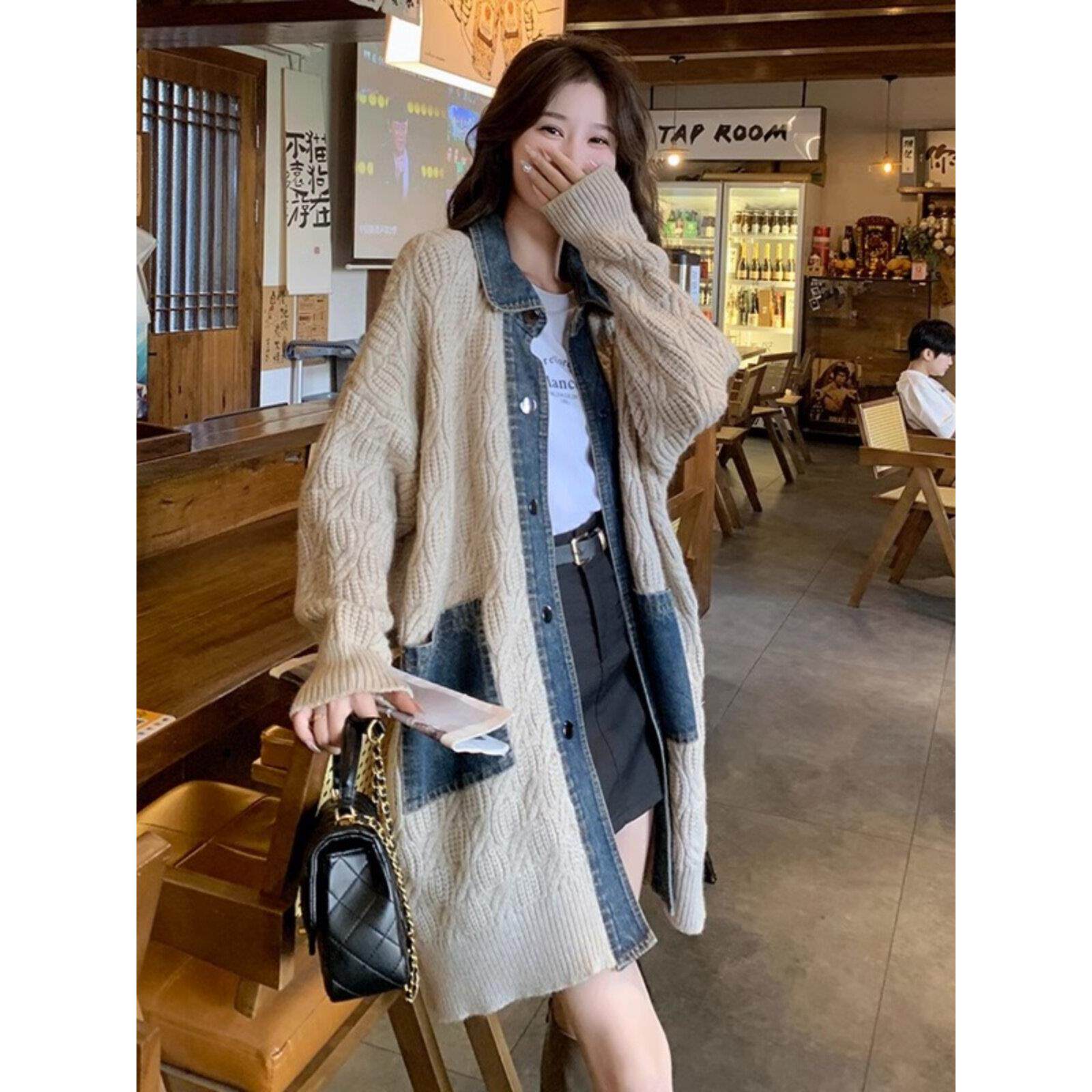 SPYB牛仔拼接针织开衫外套女秋冬季显瘦气质宽松慵懒风中长款毛衣