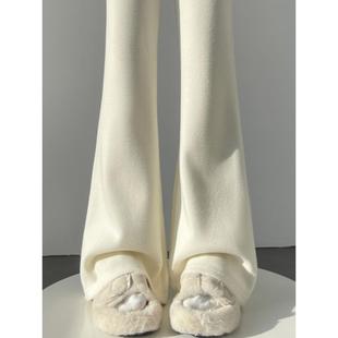 SPYB白色羊绒微喇叭裤女秋冬季新款糯米针织加绒垂感休闲运动裤子