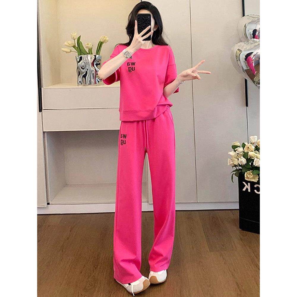 SUPDORX休闲运动套装女士2025夏季减龄玫红色短袖T恤阔腿裤两件套