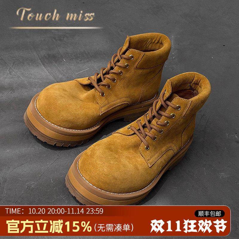 Touch Miss2025新款复古风真皮休闲鞋潮流百搭厚底圆头马丁靴男