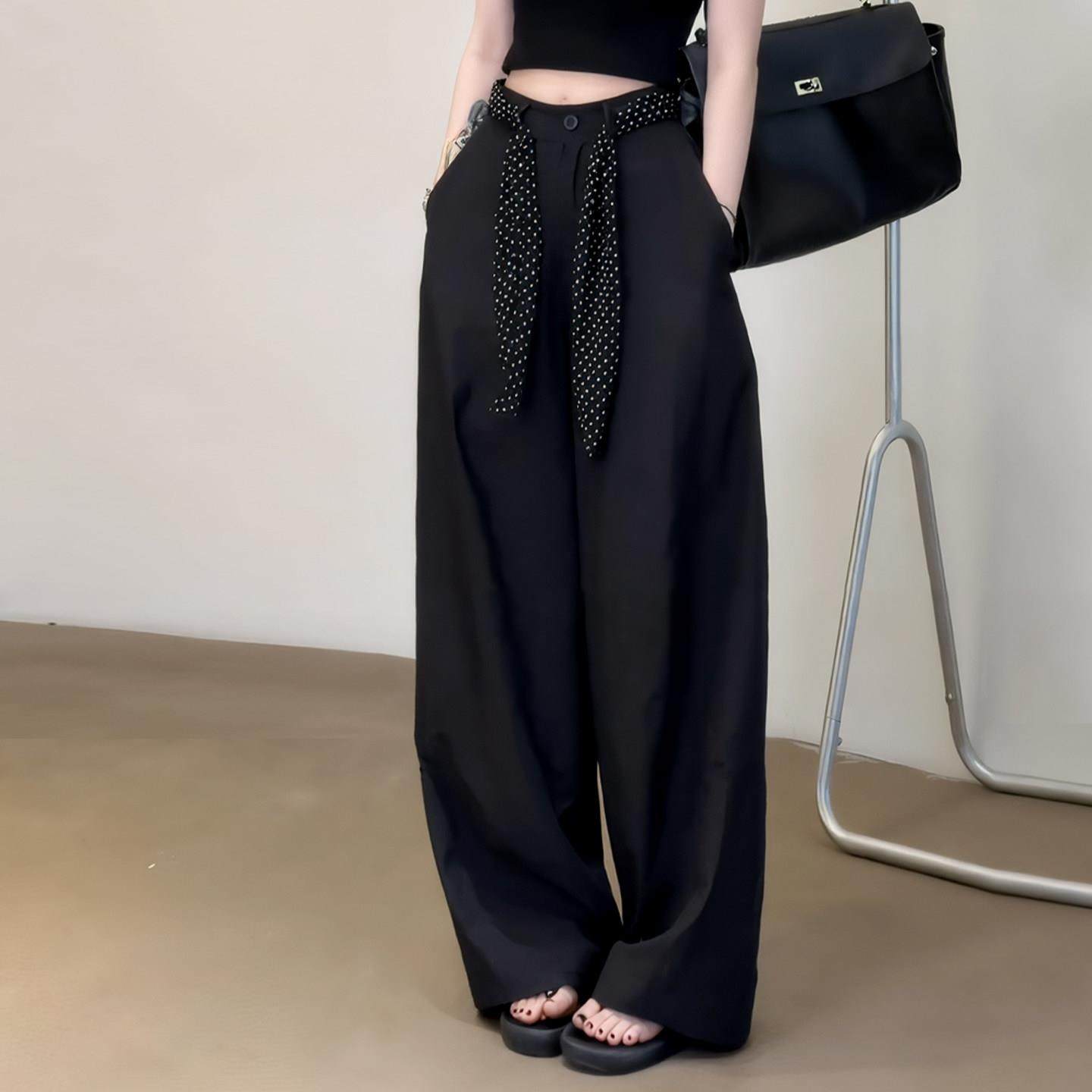潮牌时尚高级感设计黑色阔腿裤女新款宽松显瘦通勤风直筒拖地裤子