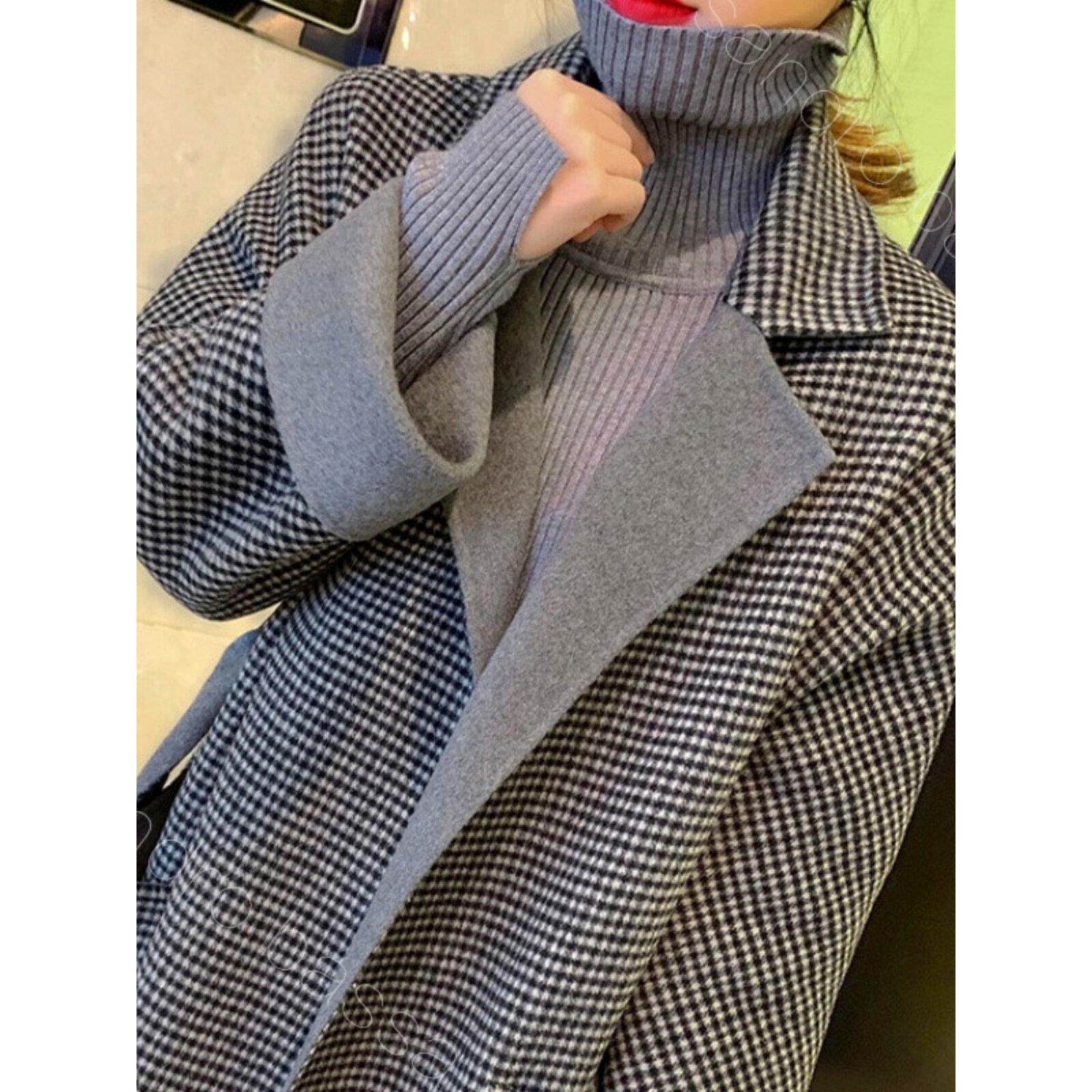 SPYB千鸟格双面羊绒大衣女中长款2024秋冬新款高级感时尚毛呢外套