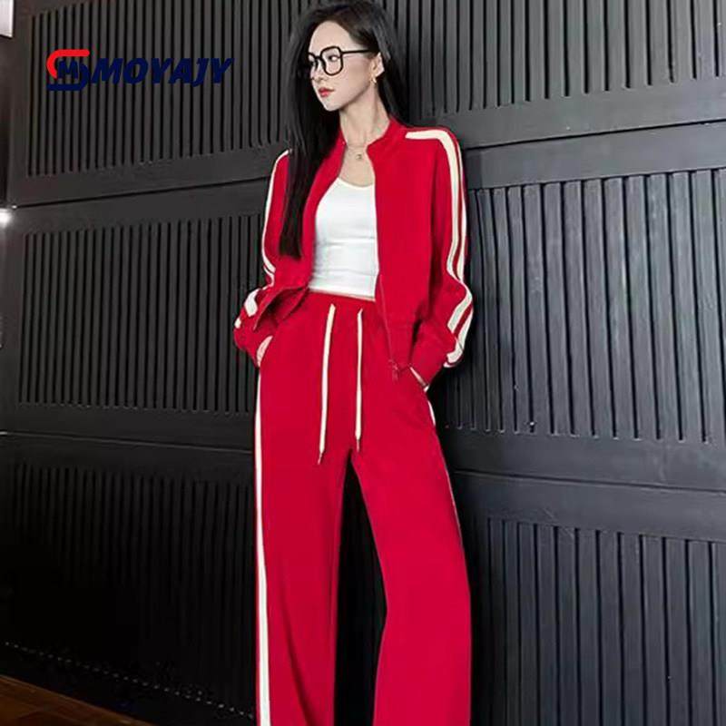 MOYAJY品牌休闲运动套装女春秋红色时尚立领外套上衣阔腿裤两件套