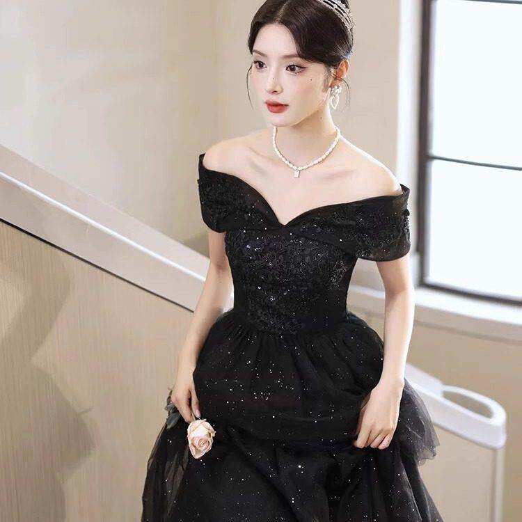 法国Lemond tajoes黑色一字肩晚礼服女轻奢小众宴会高级感蓬蓬裙