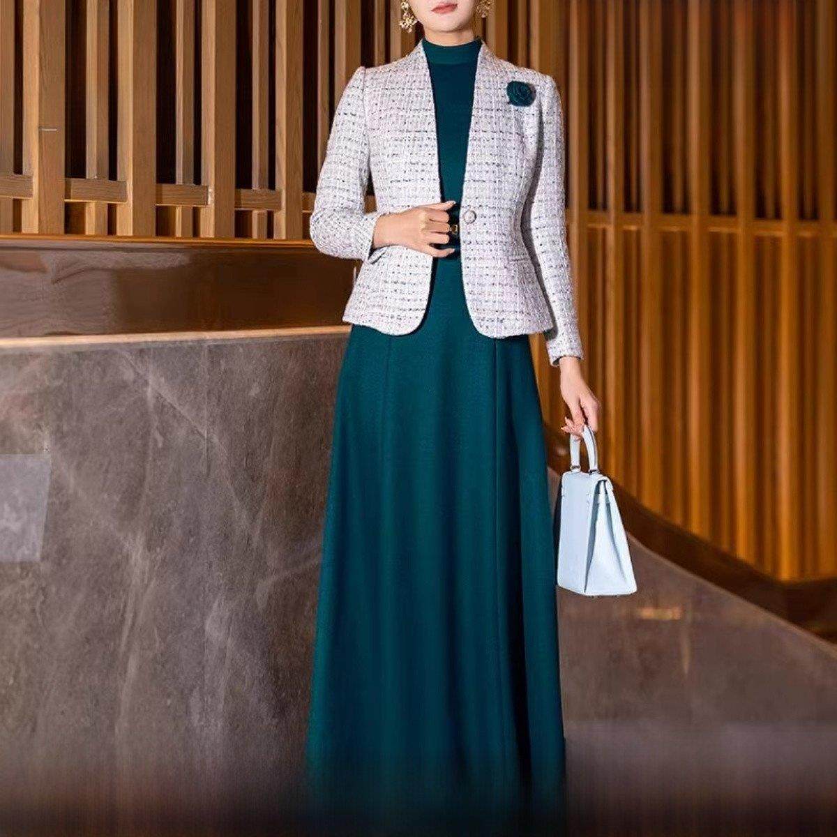 凰都夫人孔雀绿毛呢套装裙女2025年新款秋装小香风气质显瘦两件套,女装/女士精品,时尚套装,淘宝优惠券,粉丝福利购,淘宝优惠卷