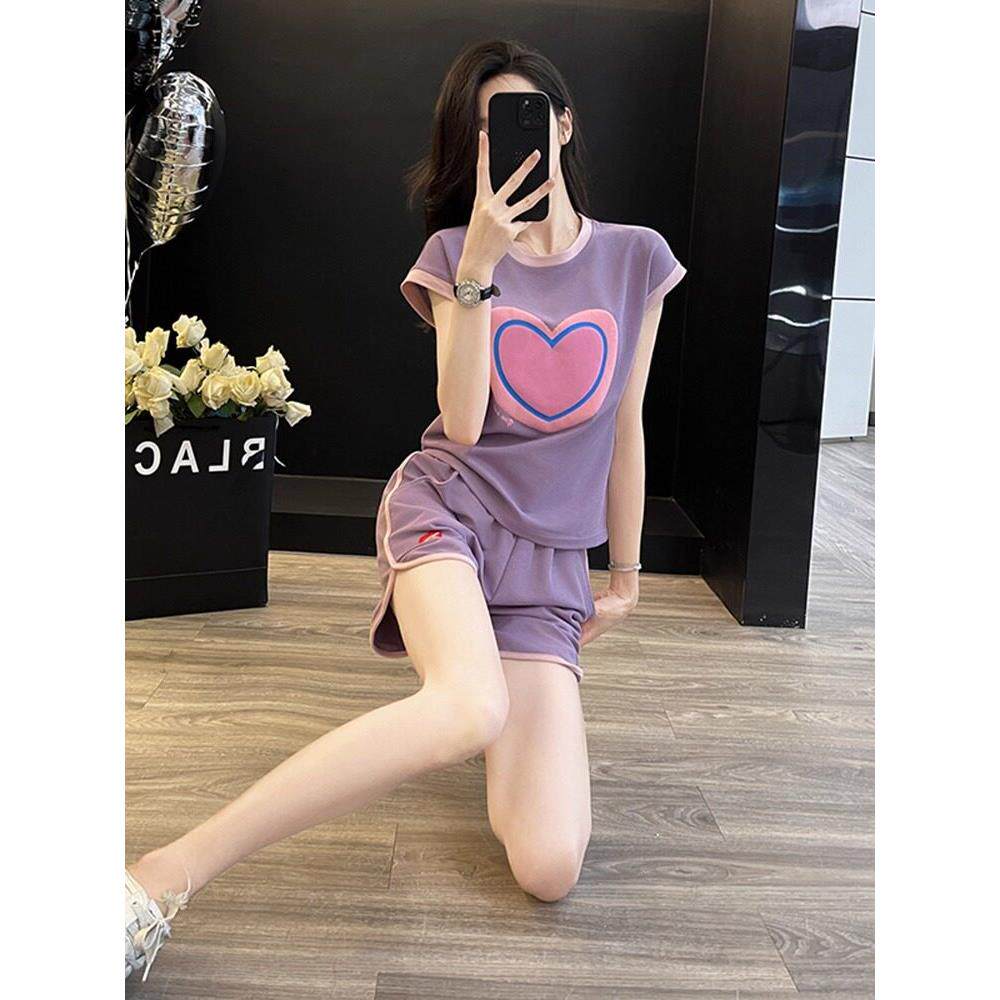 SUPDORX~多巴胺紫色休闲运动套装女夏季减龄小个子短袖短裤两件套