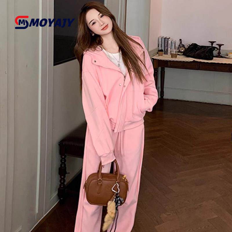 MOYAJY品牌盐系休闲运动套装女秋冬洋气减龄加绒粉色外套两件套