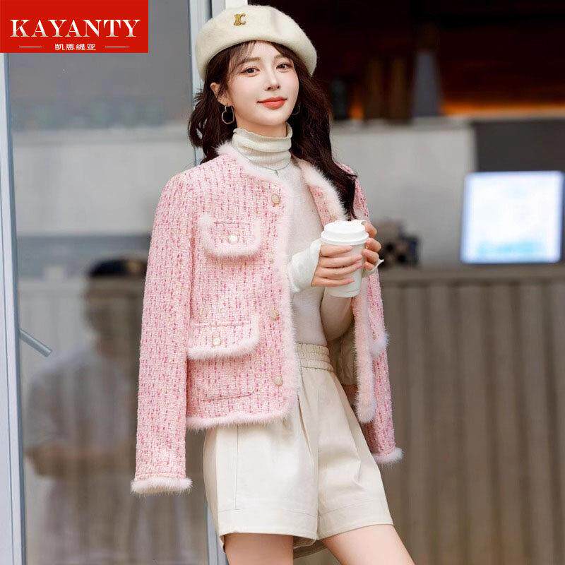 KAYANTY粉色小香风轻薄羽绒服女2025新款秋冬短款粗花呢毛呢外套