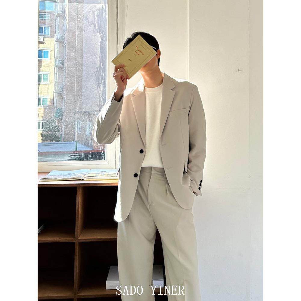 SADO YINER轻奢米色西装新款男套装韩版潮流休闲潮轻熟西服两件套