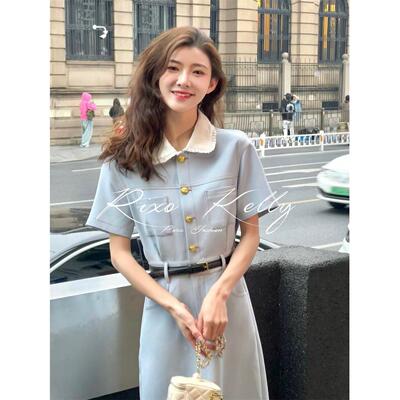 RIXO STREET法式夏新款百搭娃娃领休闲短袖连衣裙纯色裙子长款女