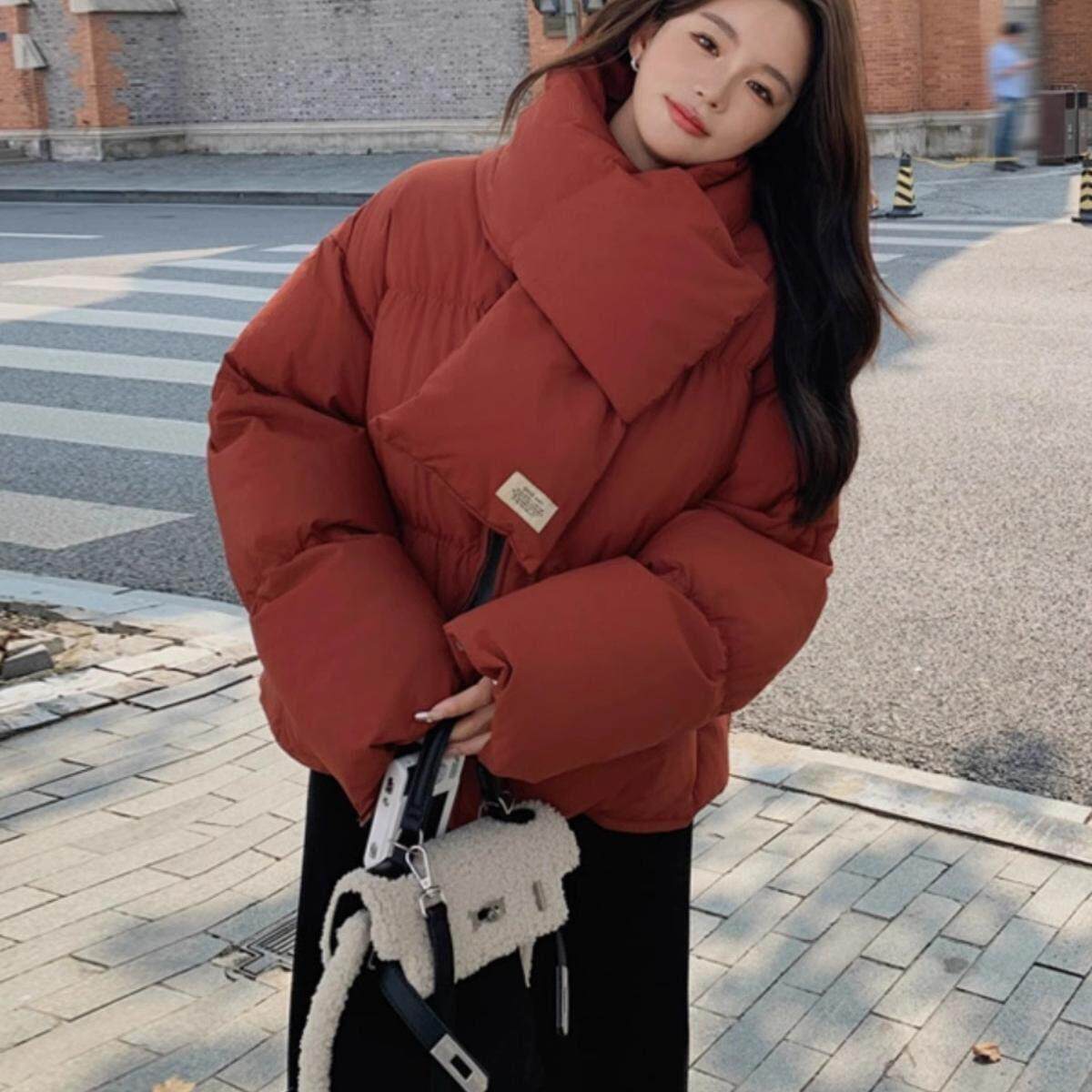 MEJEGOT 红色羽绒服短款女2025小个子冬季新款围脖90白鸭绒外套